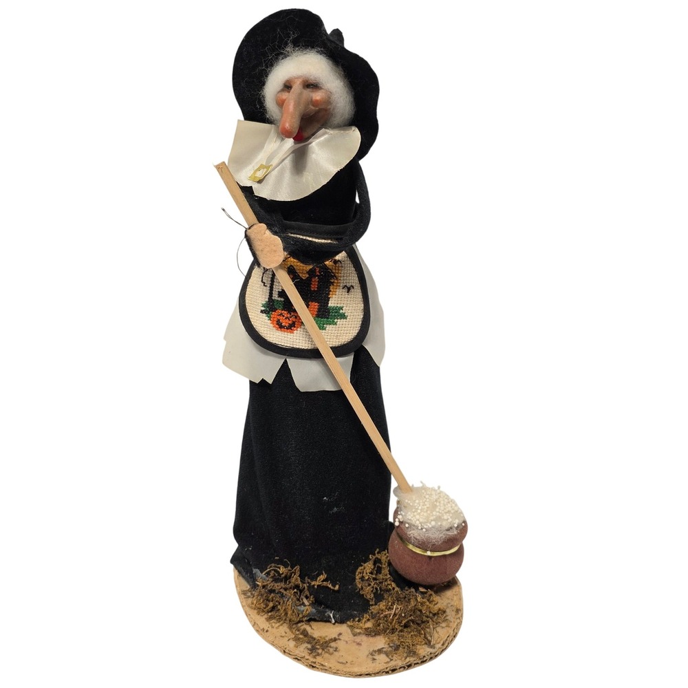 Vintage Halloween Witch Figurine Needlepoint Apron Cauldron Broom 13 Inch